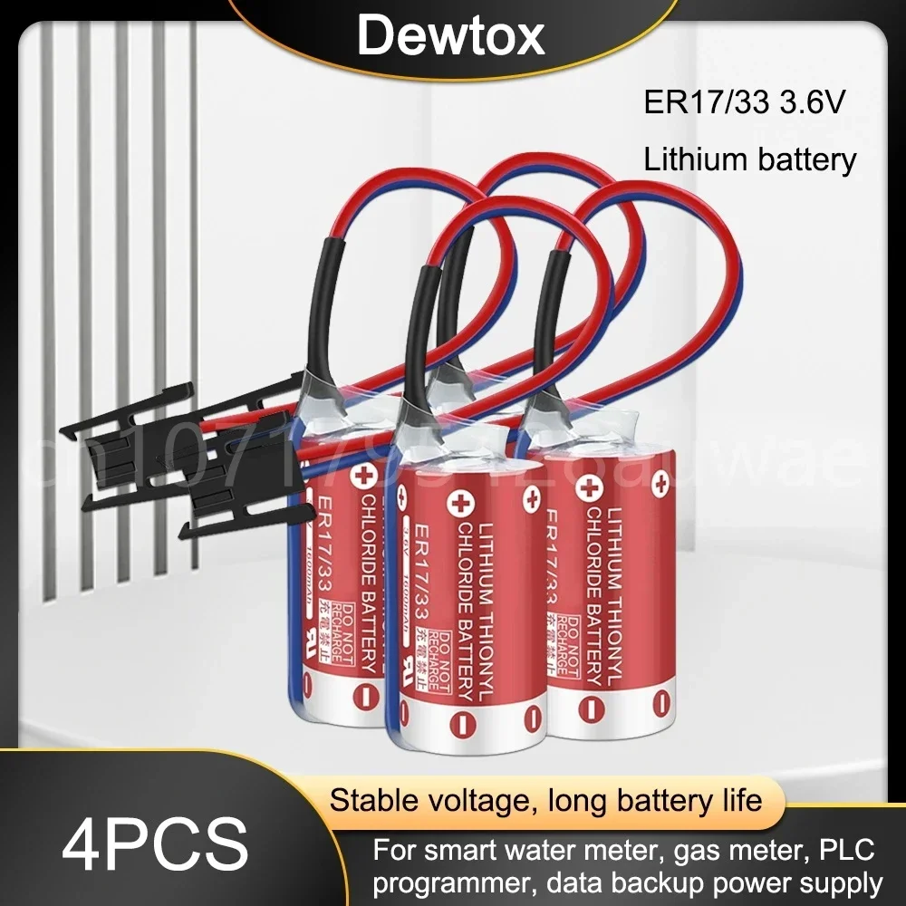 ER17/33 17330 2/3A 3.6V 1600mah Lithium Batteries with Black Plug Connectors for PLC Industrial Control 4PCS