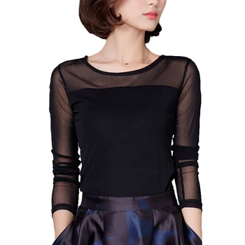 Autunno Inverno Camicia con fondo bianco nero Girocollo T-shirt in rete solida Top da donna alla moda coreana 1