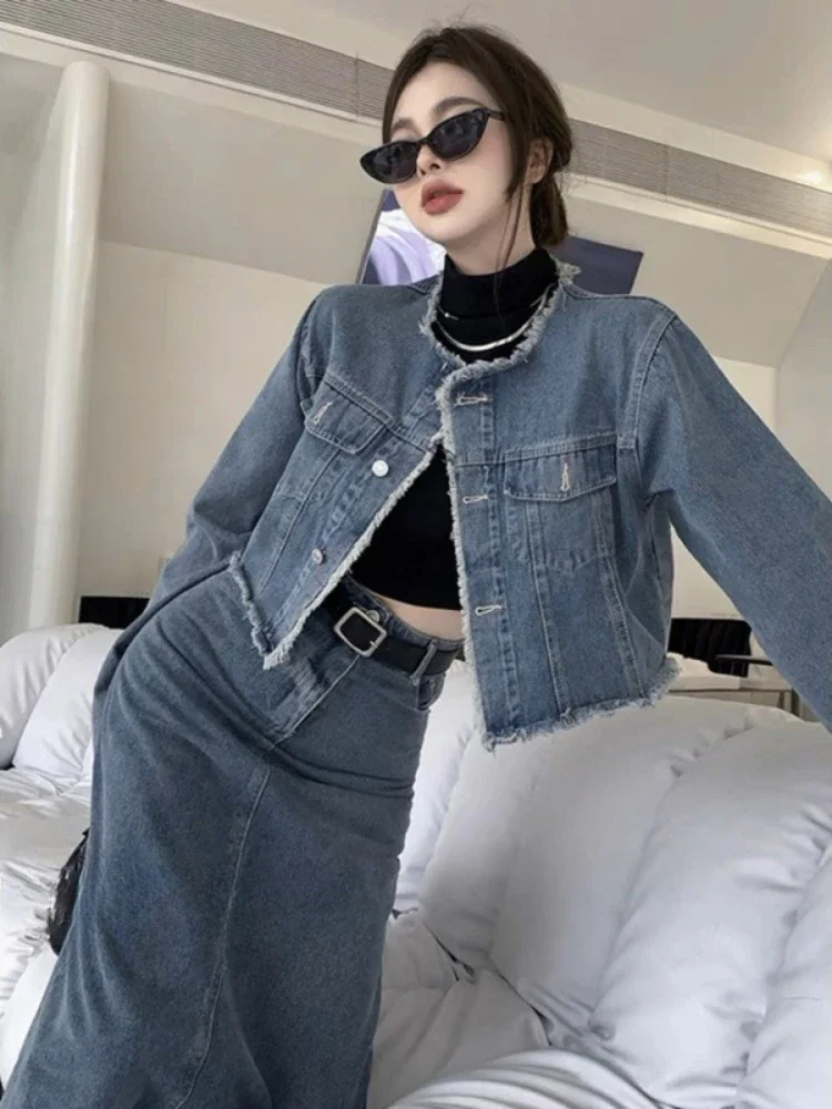 

Two Piece Skirt Set Women 2024 Autumn Round Neck Denim Jacket Mid Length Dress Sets New in Matching Sets Fashion Womens Clothing