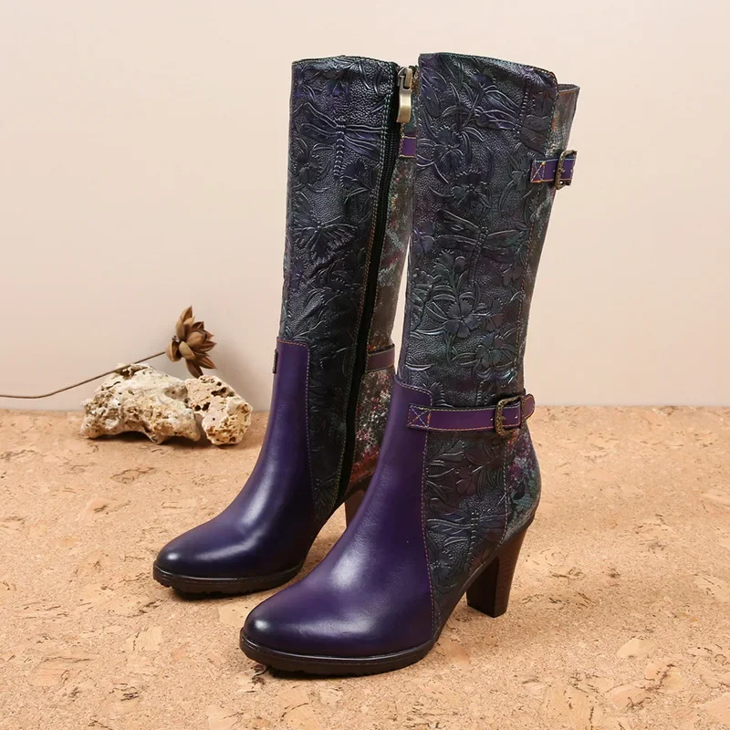 

Krasovki 7.5cm Synthetic Genuine Leather Fashion Knee High Boots Woman Ladies Chunky Heels Autumn Spring Ankle Plus Size Shoes