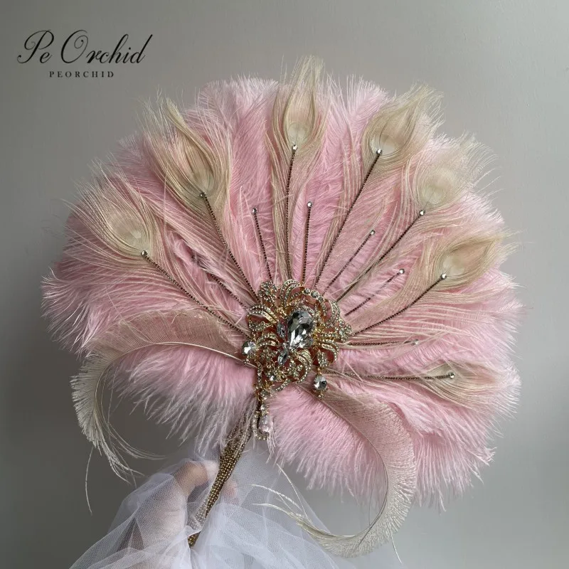 

PEORCHID Gold Pink Crystal Bridal Fan Bouquets Great Gatsby 1920's Alternative Ostrich Feather Wedding Party Hand Fan Bouquet