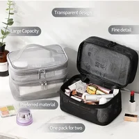 Portable Double Layer Mesh Cosmetic Bag Women Pink Make Up Case Big Capacity Travel Zipper Makeup Organizer Toiletry Storage Box 1