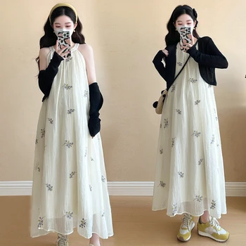 Summer Sleeveless Maternity Beach Dress Fashion Floral Embroidery Pregnant Woman Strap Dress Plus Size Pregnancy Holiday Clothes
