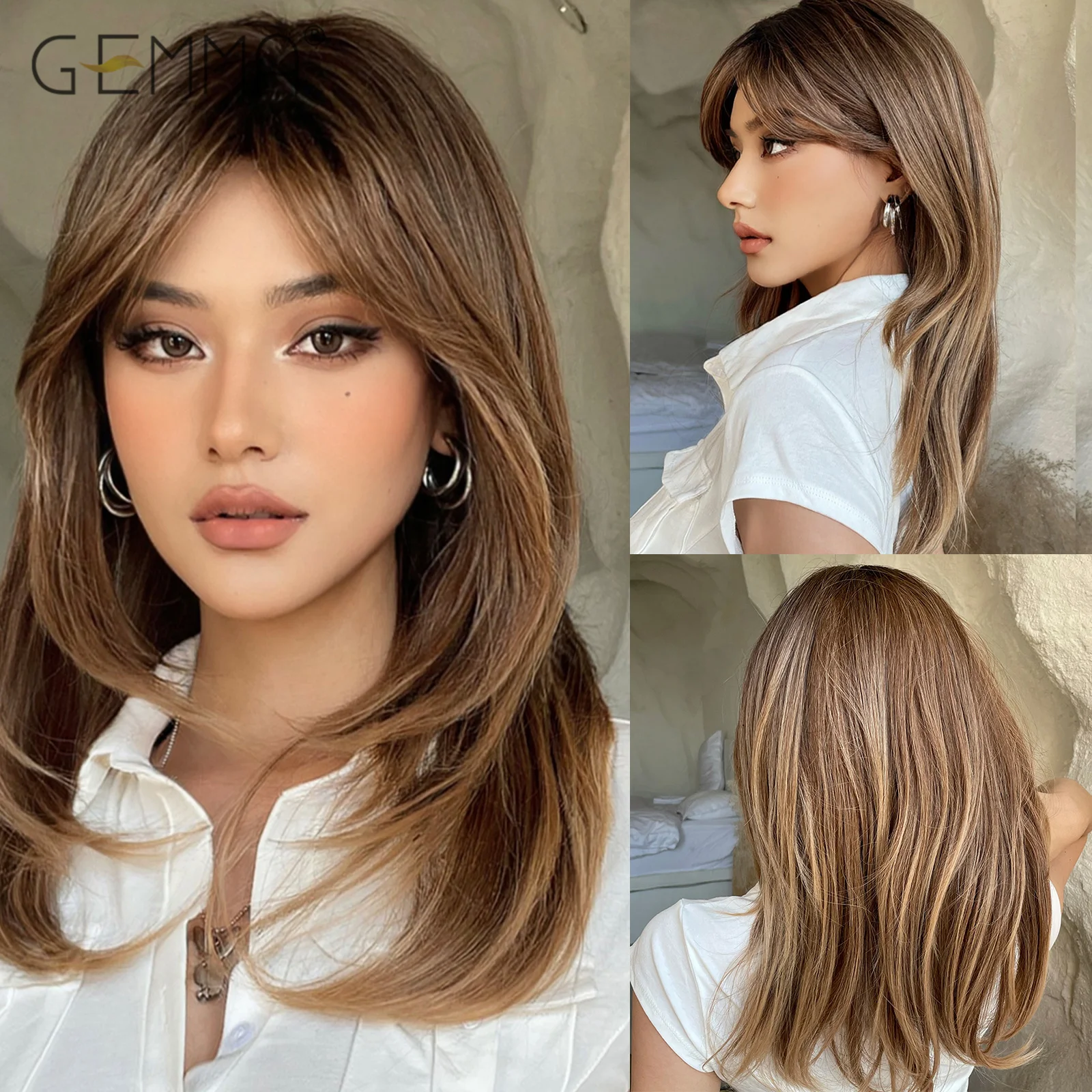 GEMMA Ombre Brown Medium Length Layered Wigs Synthetic Straight Cosplay Wigs with Bangs for Women Daily Heat Resistant Fake Hair wine red medium length wavy synthetic wig