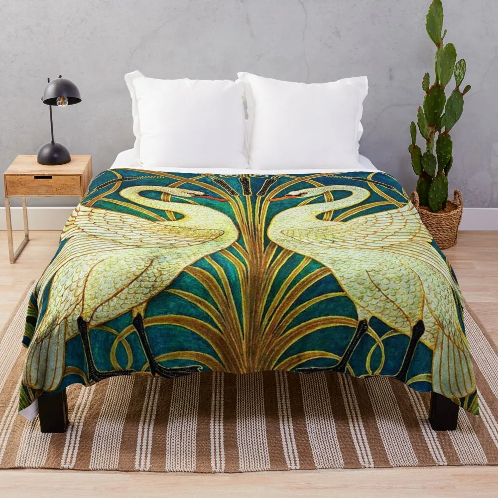 

TWO WHITE SWANS AMONG REEDS IN BLUE Art Nouveau Animals Throw Blanket Decorative Bed Blankets Shaggy Blanket