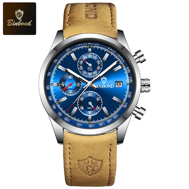 BINBOND Men Quartz Watch Luxury Sports Waterproof Chronograph Luminous Date Man Wristwatch Business Leather Men's Watches Clock