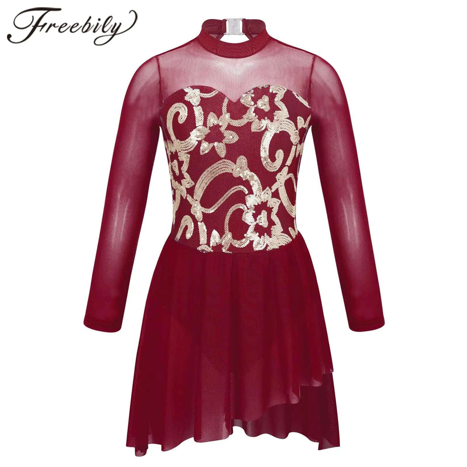 

Girls Ballet Dress Kids Girls Shiny Sequins Figure Skaing Dress Long Sleeve Gymnastics Dance Costume Dress Performance Dancewear