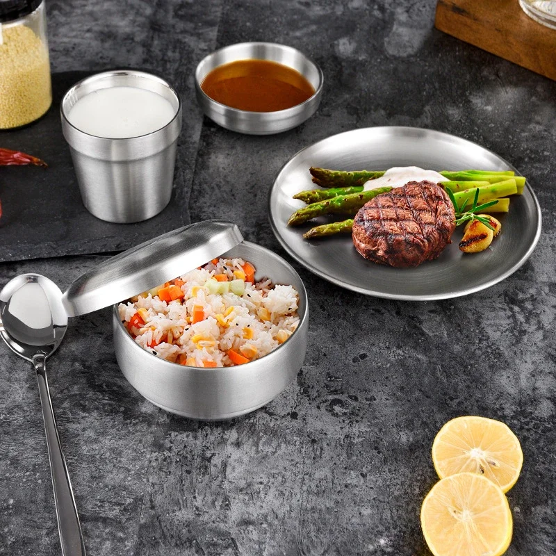 6Pcs Stainless Steel Korean Tableware Set Barbecue Restaurant Cup Spoon Chopsticks Dinner Plate