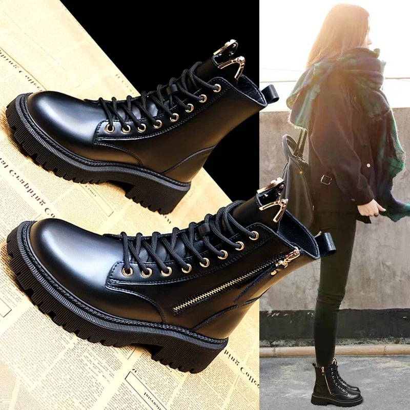 2023 Trend Women's Pu Leather Ankle Boots Autumn Winter Round Toe Lace Up Shoes Woman Classic Fashion Motorcycle Platform Botas