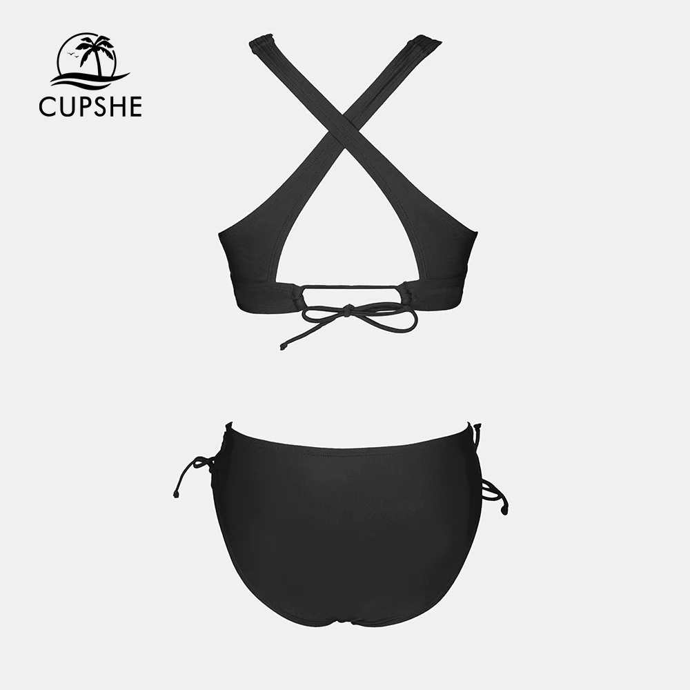 〈CUPSHE〉水着 ブラックビキニセット レースアップ Black Cupshe Lace Up Mid Waist Bikini Sets Swimsuit For Women