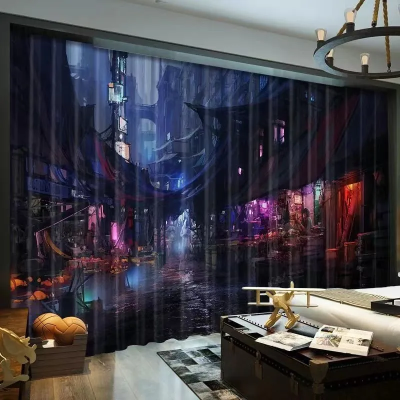 

3D Print Cheap Sci-fi Futuristic Urban Punk Cyberstyle 2 Pieces Shading Window Curtains for Living Room Bedroom Home Decor Hook