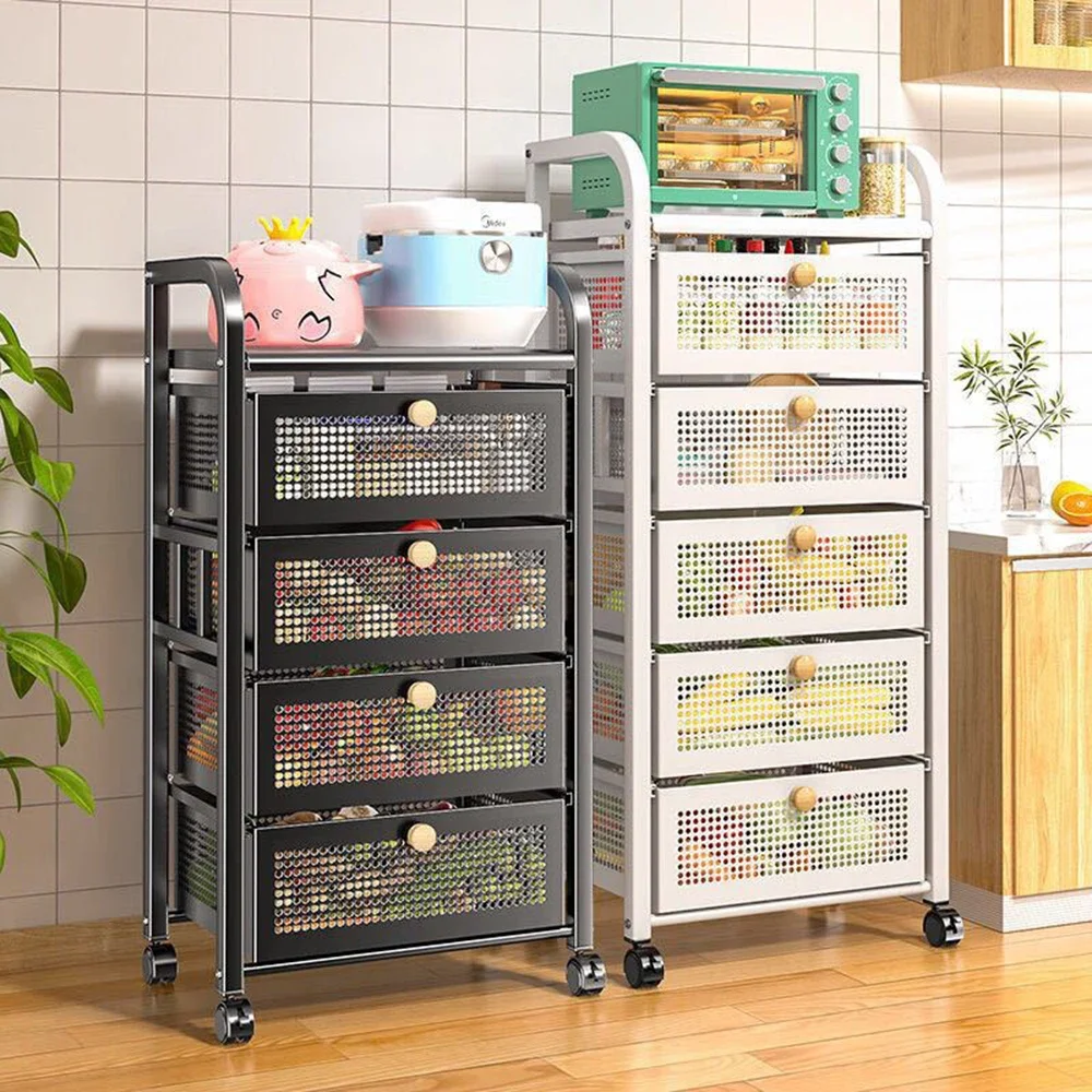 Kitchen Trolley With Basket Kitchen Storage Rack And Hand Pull-Out Layered Trolley Floor-To-Ceiling Multi-Layer Storage Rack
