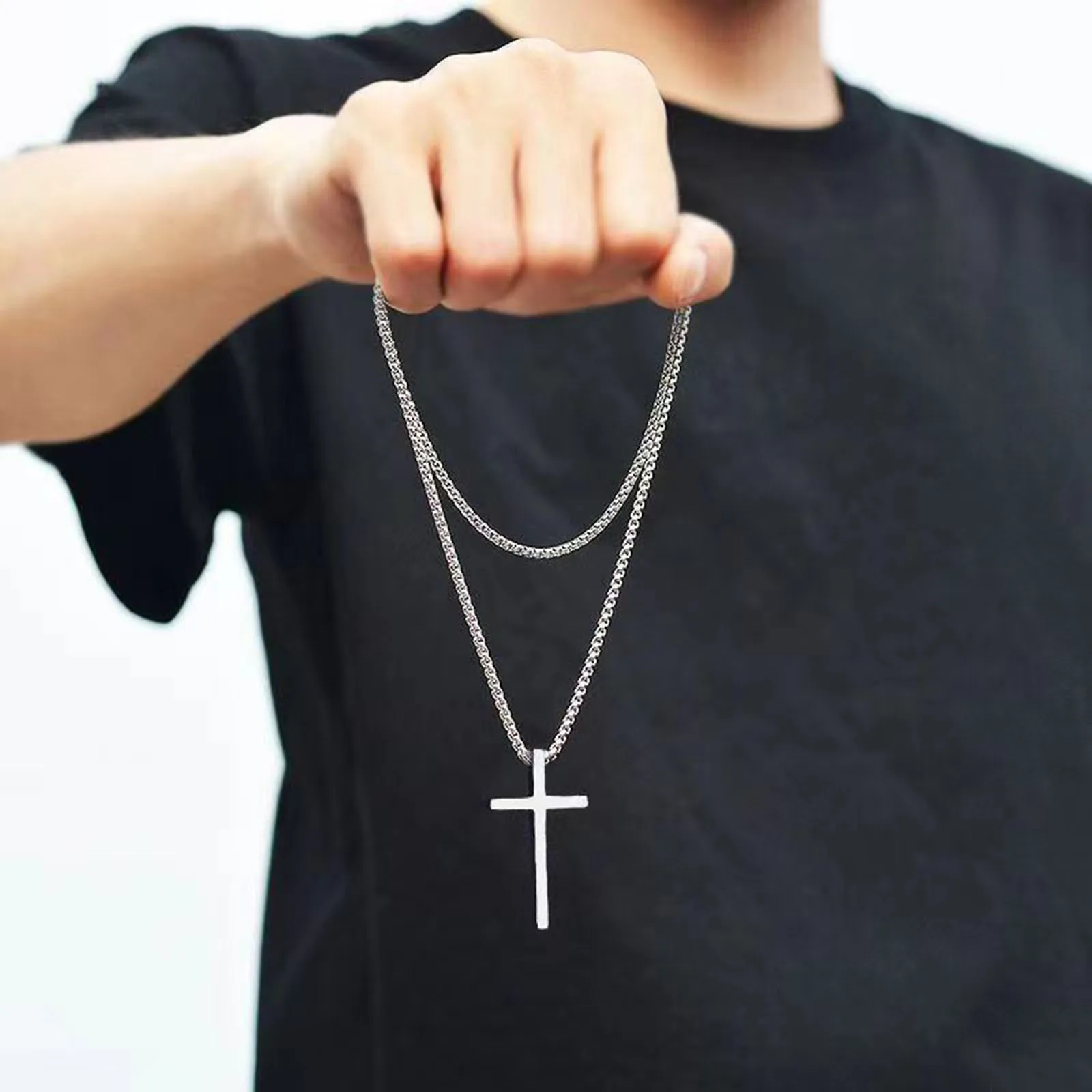 Vnox Cross Necklace For Men Women, Silver Color Plain Cross Pendant Collar With Stainless Steel Box Chain_voghion.com