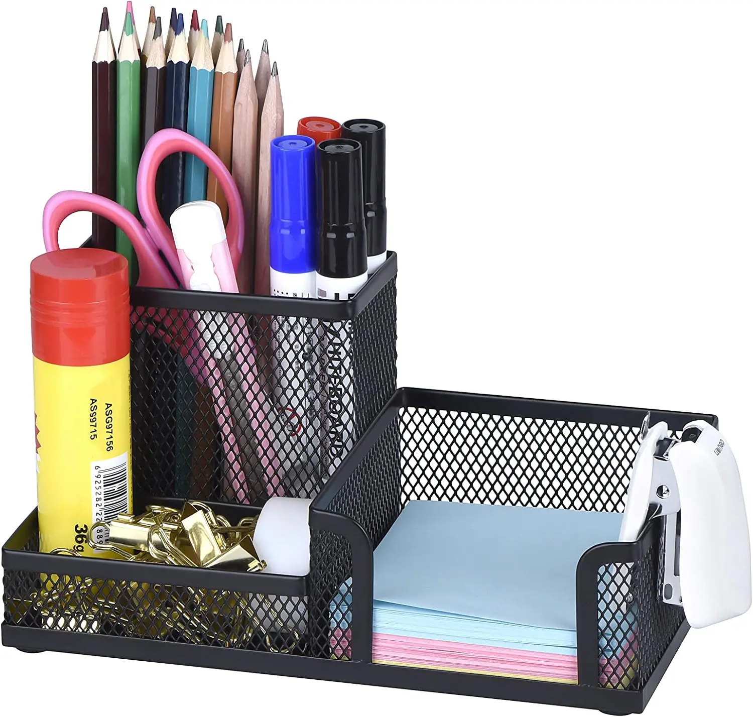 Black Pen Holder, Mesh Office Supplies Accessories Caddy with Sticky Notes Holder, Desk Organizer for Home, Office and School