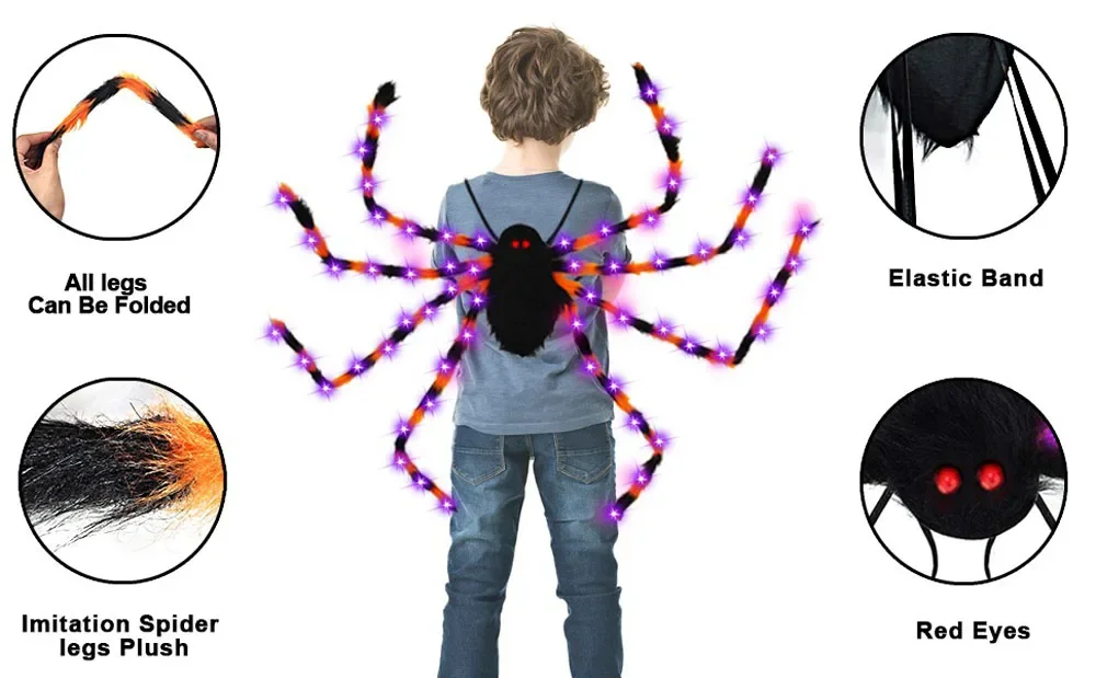1 Stück gruselige Halloween-Spinne 2 in 1 LED-Halloween-Spinnenkostüm für Cosplay, Plüsch-Spinnen-Rucksack-Kostüm mit violettem Licht – Detail 9