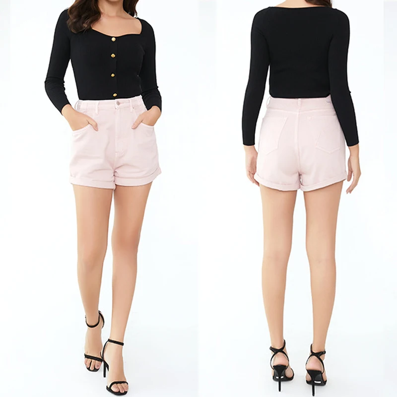 women-pink-high-waist-denim-shorts-2023-new-fashion-casual-commuting-flanging-straight-shorts