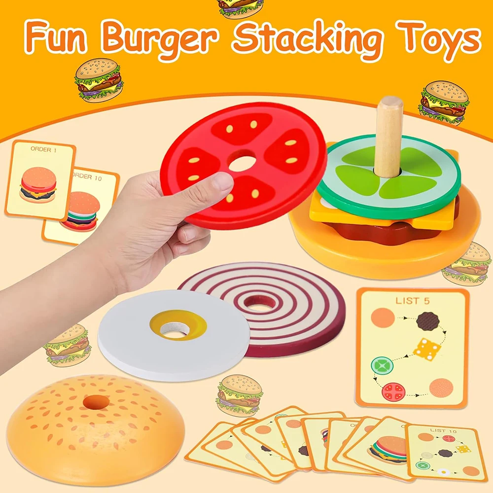 Montessori Toys for 2 3 4 5 Year Old Wooden Hamburg Sandwich Stacking Toys French Fries Matching Game Pretend Play Food Toy Gift