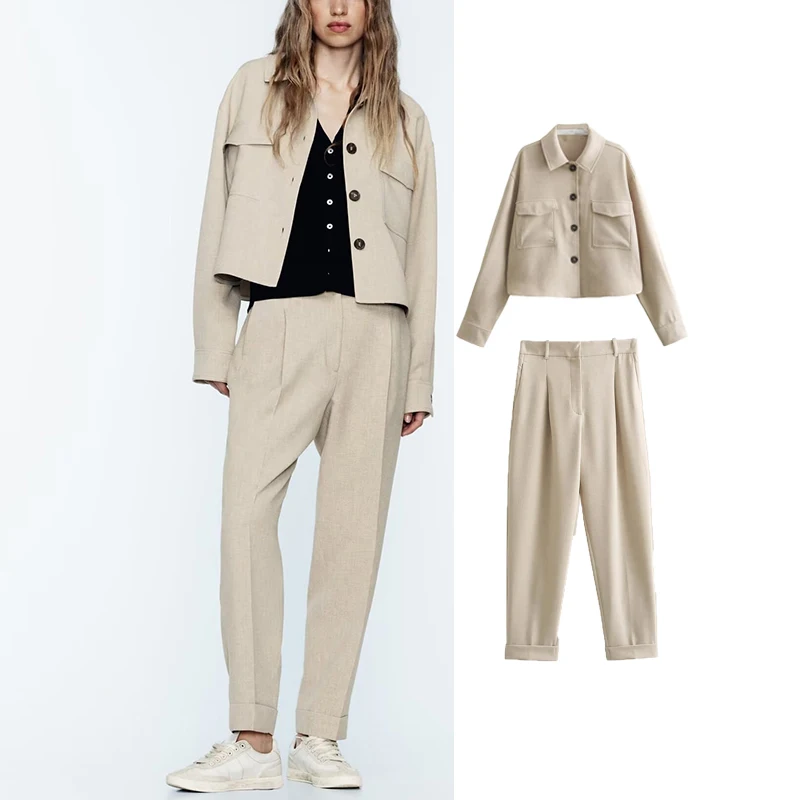 

TRAF Spring Women 2 Pieces Sets 2024 New Fashion Cropped Shirt Jacket Women Suit Long Pants Casual Set Womens Outfits