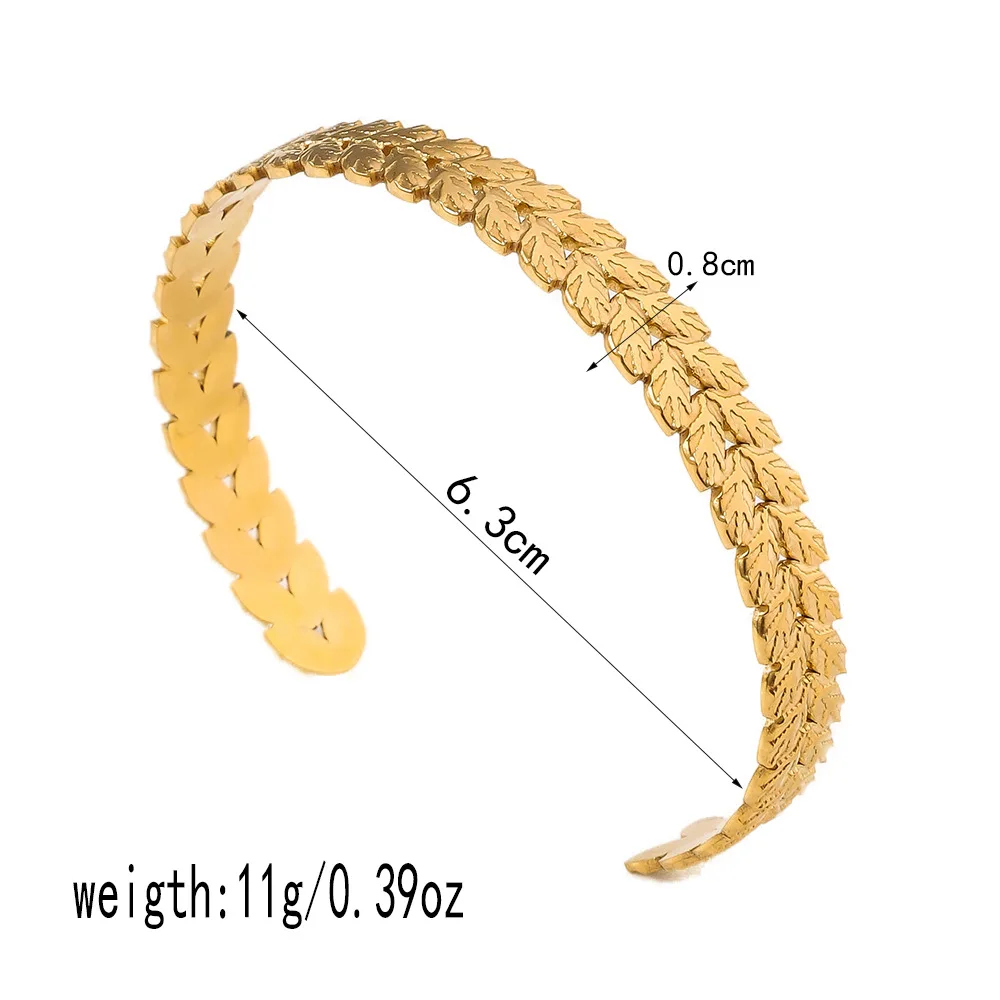 Women's Retro Adjustable Leaf Shaped Bangle Bracelet, Non Fading Exaggerated Stainless Steel Gold Color Metal Bracelet