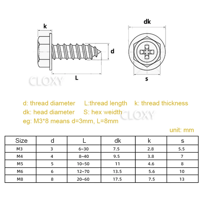304 Stainless Steel M3 M4 M5 M6 M8 Phillips Cross Driving Hexagon Hex Head Flange Self Tapping Screws With Washer