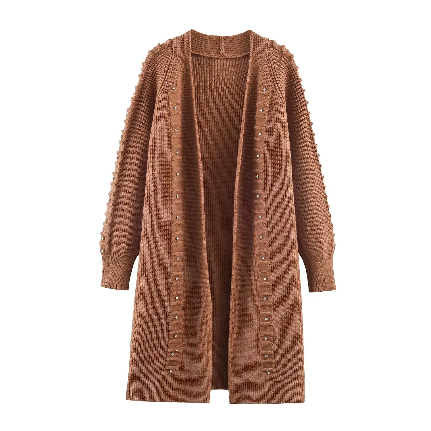 HH Damen Mode Nieten-Verzierung Langarm-Strickjacken Damen Herbst Schicke Strukturierte Einfarbige 5-Farben Hochelastische Strick-Langjacke – Detail 3
