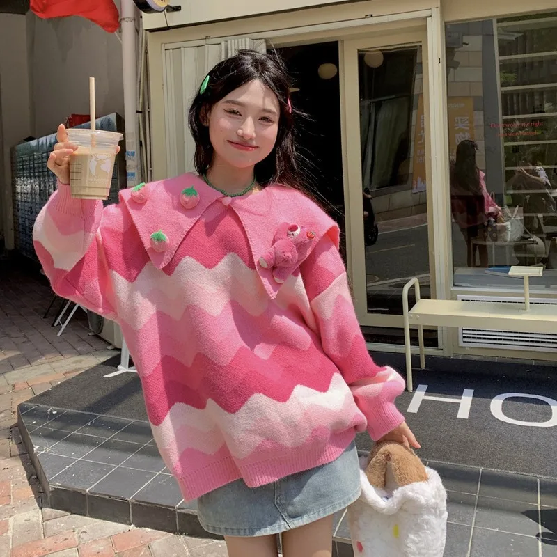 

2023 Autumn And Winter New High-Grade Doll Collar Sweet Pink Sweater Women Loose Wear Design Sense-Age Knit Top 294