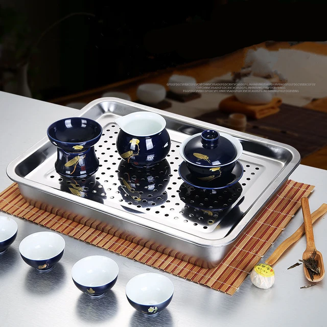 Téglalap Rozsdamentes Acél Tea Csésze Tálca Japán Stílusú Étkezés Üreges Víz Lefolyó Deszka Edények Olajszűrő Tányér Konyhai Tároló Edény - Image 2