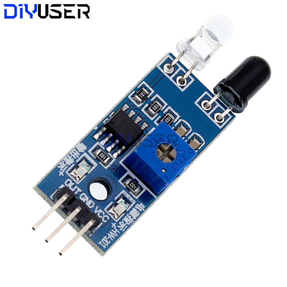 Module LM393 3-5V pour capteur infrarouge d'évitement d'obstacles, montrant les broches de connexion et le comparateur.