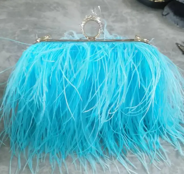 2022 Luxury Ostrich Feather Party Evening Clutch Bag Women Wedding Purses and Handbags Small Shoulder Chain Bag Designer Bag 