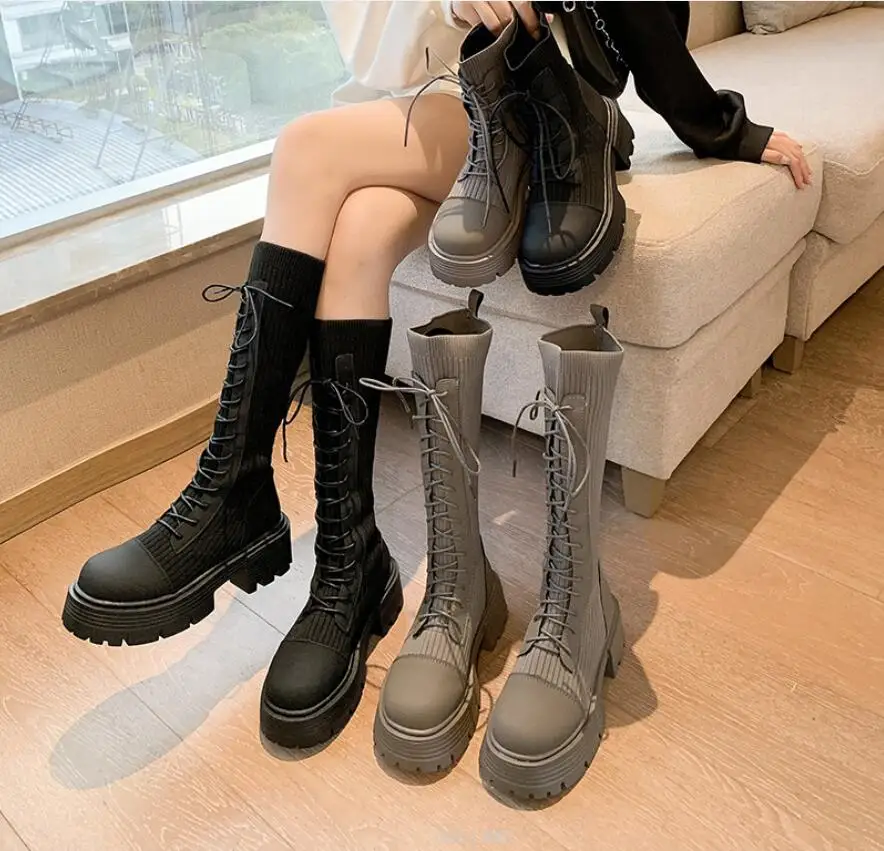 New Woman Knee High Boots Fashion Knitted stretch boots women Ladies Elegant Thick Bottom Long Boots Shoes Winter Women's Boots