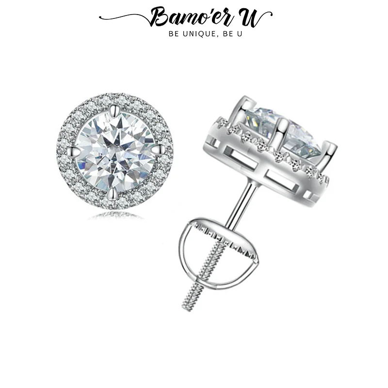 Bamoer U 0.5/1CT 모이사나이트 헤일로 귀걸이, 925 스털링 실버, 4 프롱 이어 스터드, 라운드 컷, 여성 약혼 선물, 파인 주얼리