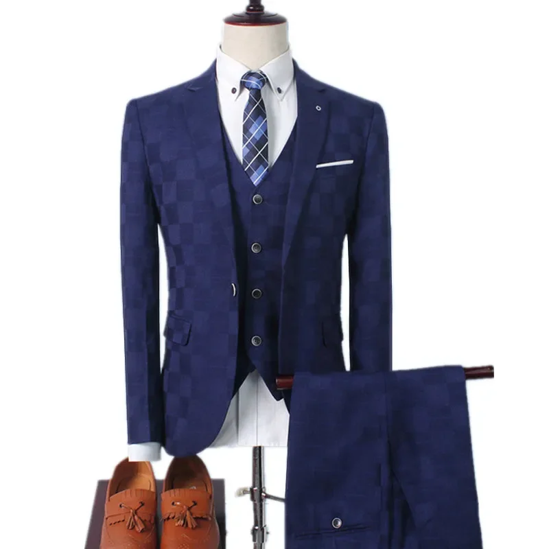 Plaid Suit Men Blazer Vest Pants Business British Style Wedding Dress Banquet High End Slim Fit Jacket Trousers 3 Piece Set mens suit