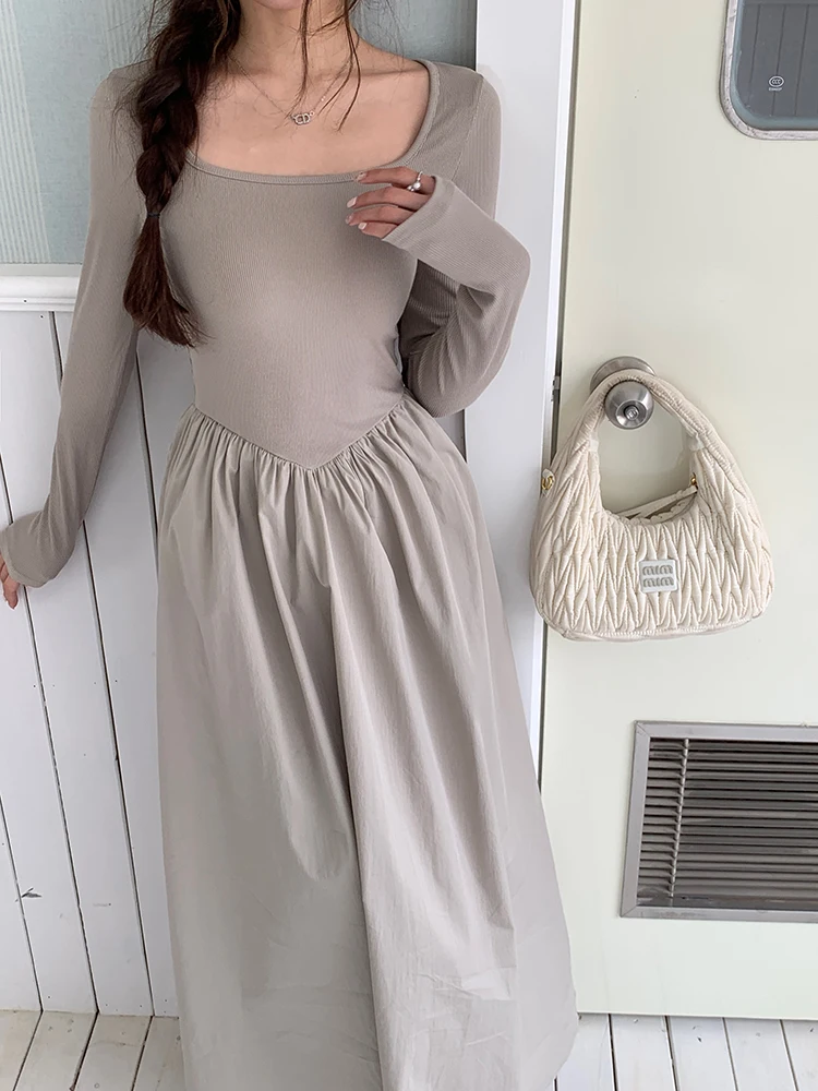 Casual Knitted Midi Dresses for Women Solid Long Sleeves Square Collar A-line Autumn New Elegant Dress Female Slim Vestidos