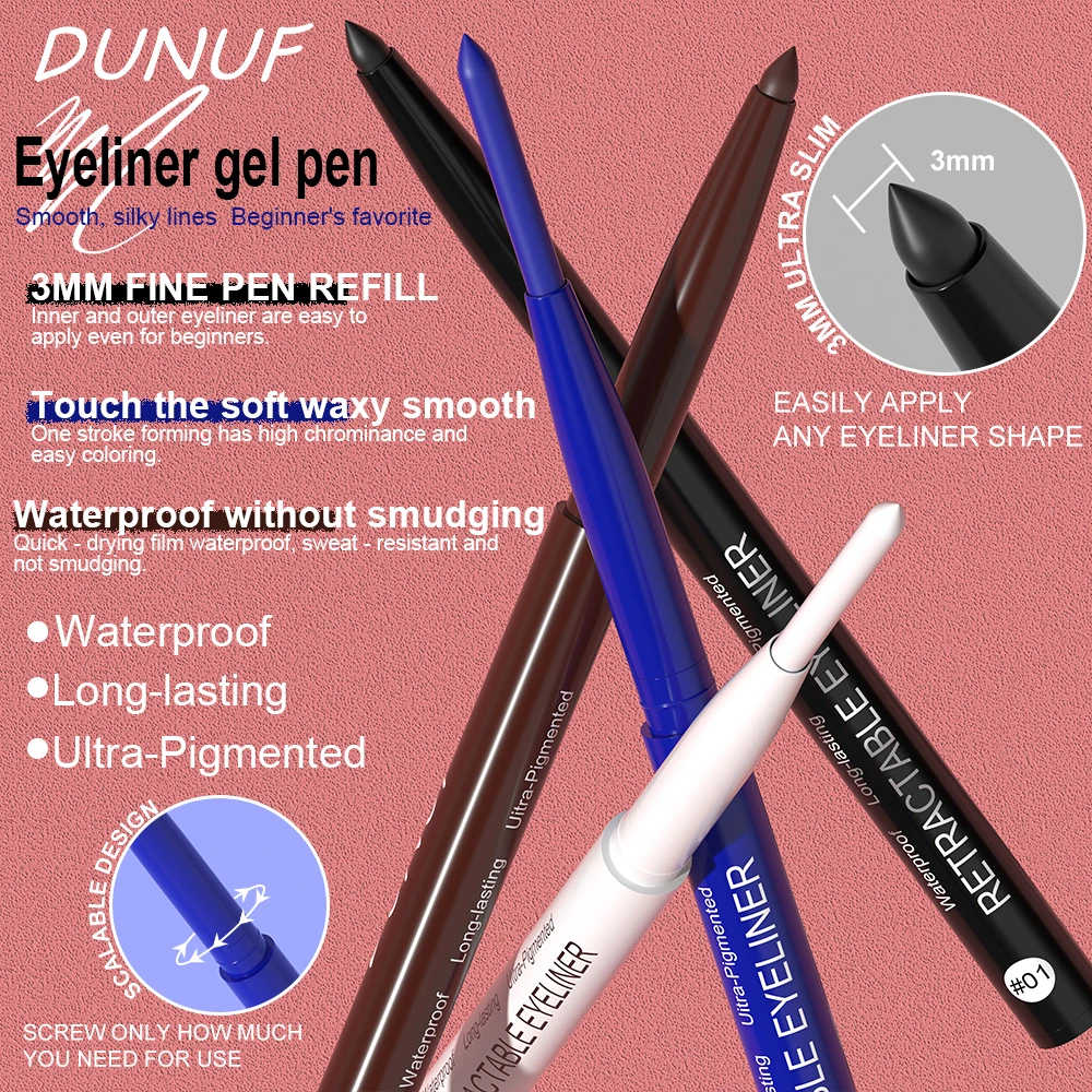DUNUF White Eyeliner Gel Pencil Waterproof Long-lasting Black Brown Blue Easy to Wear Eye liner Makeup For Eyes Cosmetics Makeup 6