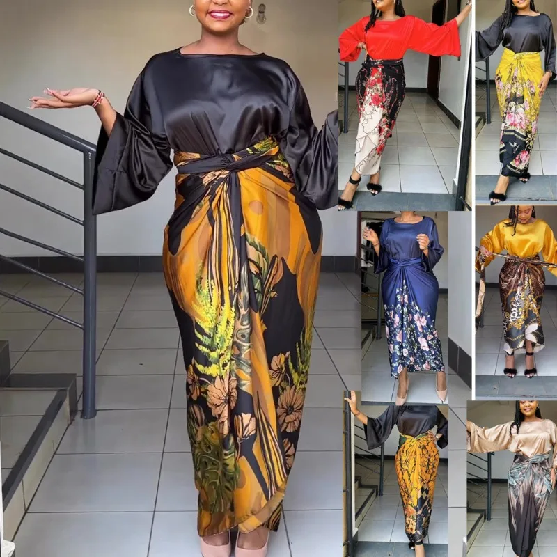 

Women's Flared Sleeves O-Neck Top Bandage High Waist Slit Irregular Skirt Suit 2023 New Women's Elegant Digital Printing Suit