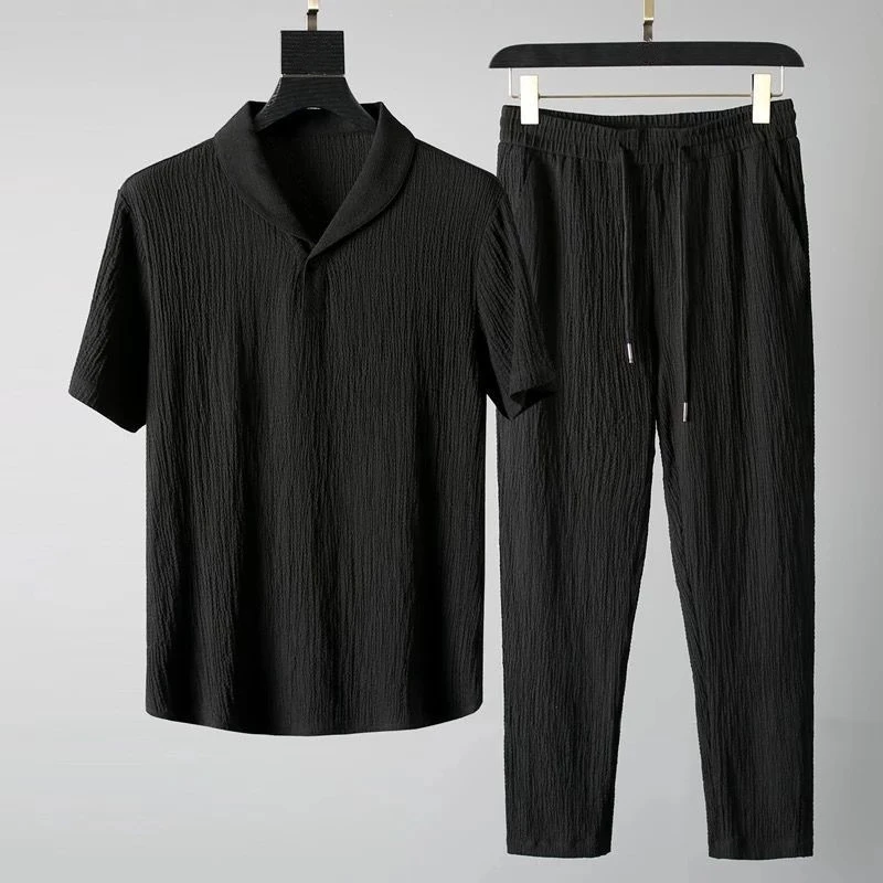 

New Arrival Men's Cool and Thin Short Sleeve T-shirt+Pant Two-Piece Set Solid Shirt+Trousers Home Suits Male Size M-4XL