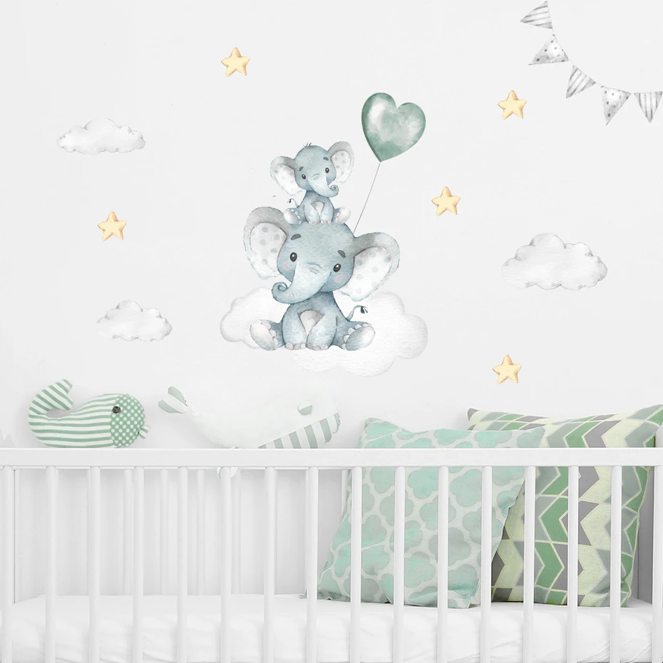 Wall Stickers Children Room Decoration Cartoon Elephant Moon Stars Blue Green Wall Stickers Nursery Removable Wall Decals Art Posters Kids Bedroom Interior Home Decor