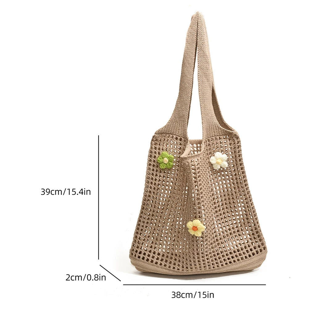 Knitted Tote Bag Woven Hobo Handbag with Flower Decor for Women