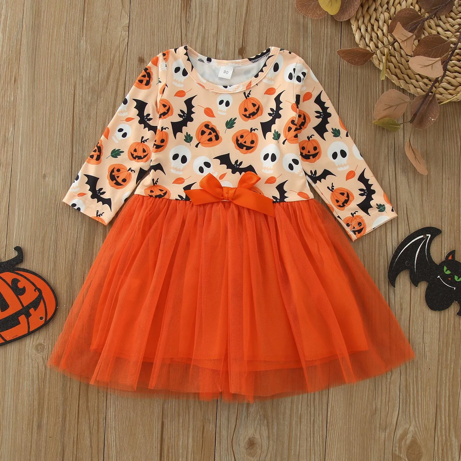 

Autumn Halloween Kids Girls Dress Pumpkin Print Layered Tulle Long Sleeve Bow Princess Dress Winter Casual Clothes Cosplay Dress