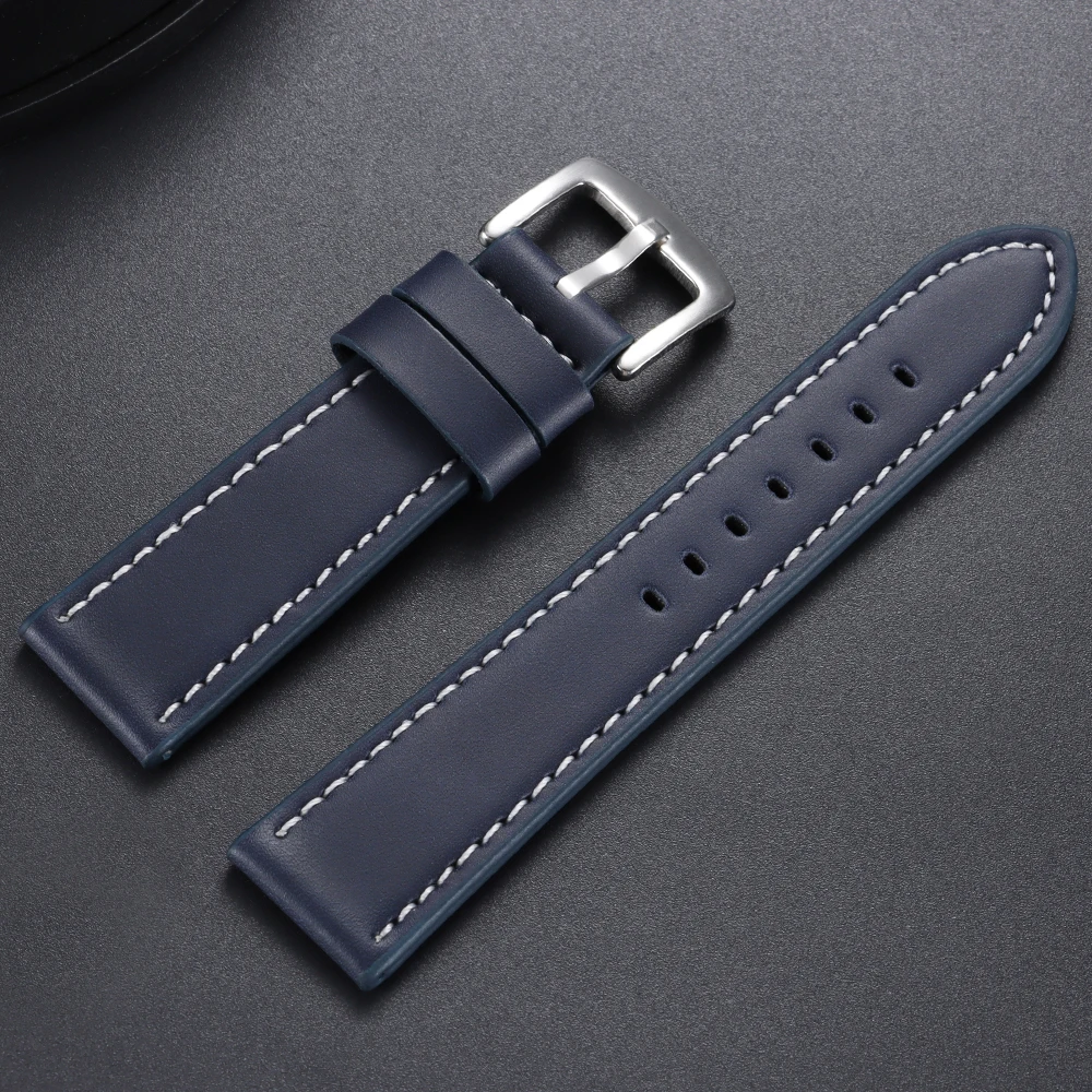Stitched Brown Genuine Leather Sports Watch Band with Steel Clasp