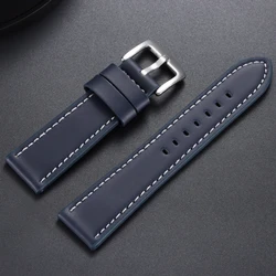 Stitched Brown Genuine Leather Sports Watch Band with Steel Clasp - With Rose Buckle (Blue White)