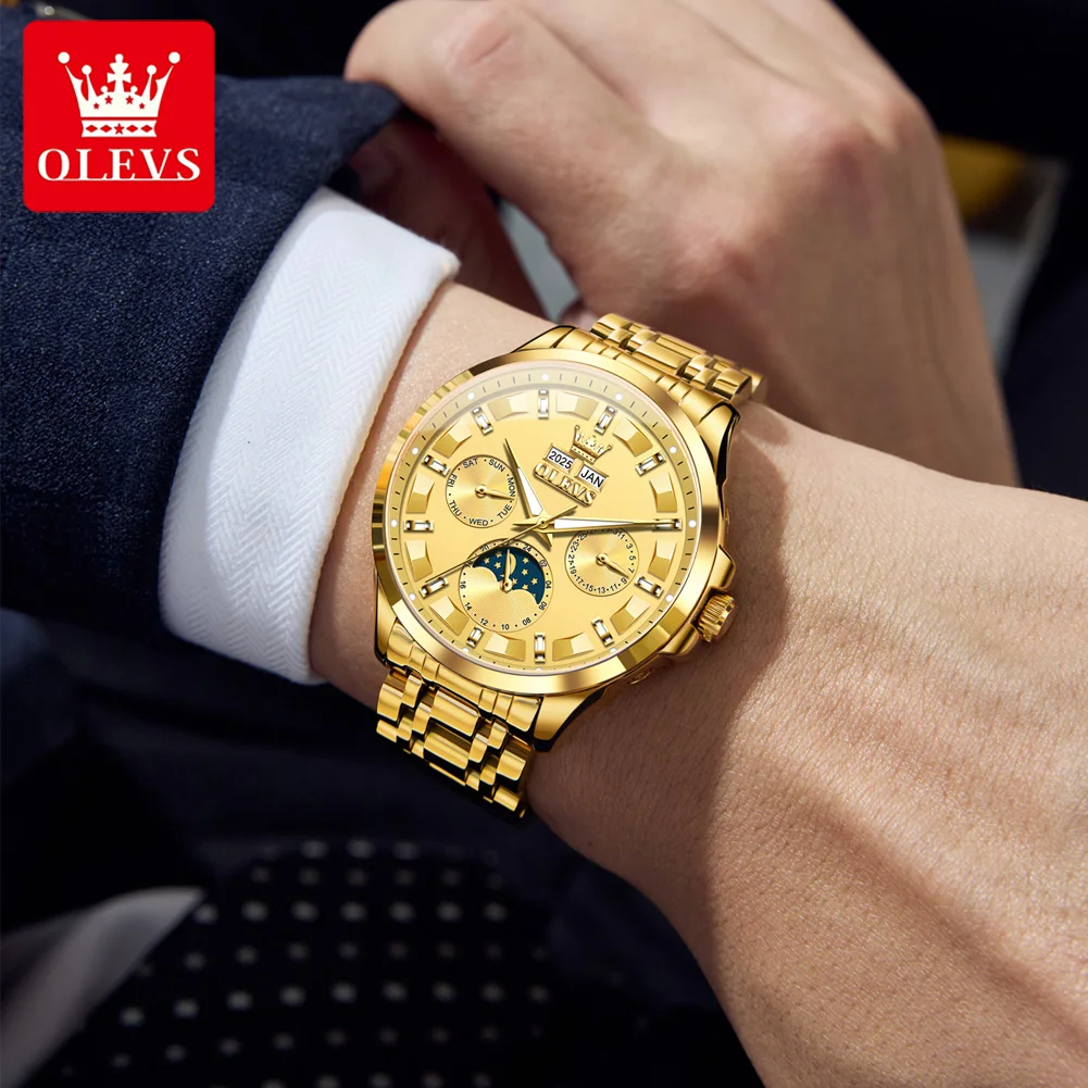 OLEVS 7070 Automatic Men's Watches Luxury Multi functional  Perpetual Calendar Moon Phase Luminous Mechanical Wristwatch For Man