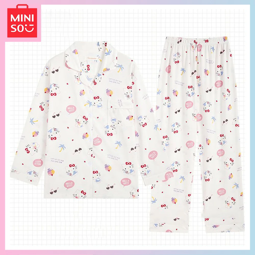 

Miniso Hellokitty Pajamas Women Spring and Autumn Long Sleeves and Pants Cartoon White Cute Homewear Set Can Be Worn Outside