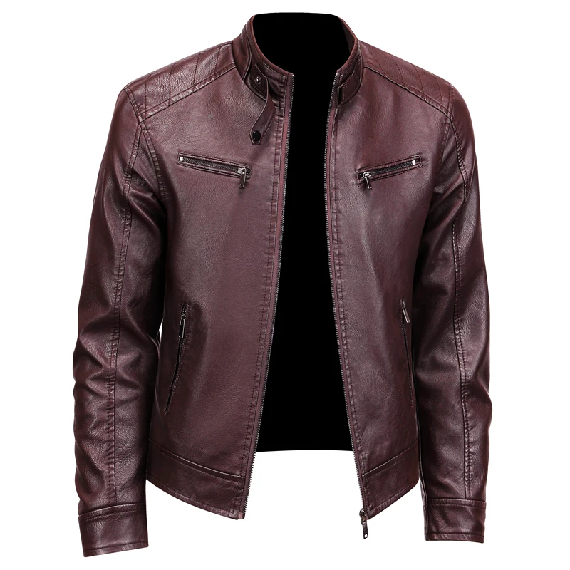 Men's Winter Solid Color Stand Up Collar Windproof Warm Coat Brand Leather Jackets Men's Luxury Clothing Vintage Leather Jacket leather jackets men winter jacket