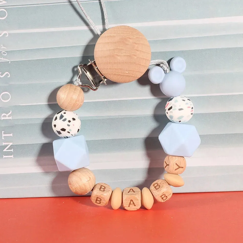 Baby Personalized Name Handmade Silicone Wooden Pacifiers Clip Teething Dummy Holder Anti-Lost Pacifier Chains BPA Free