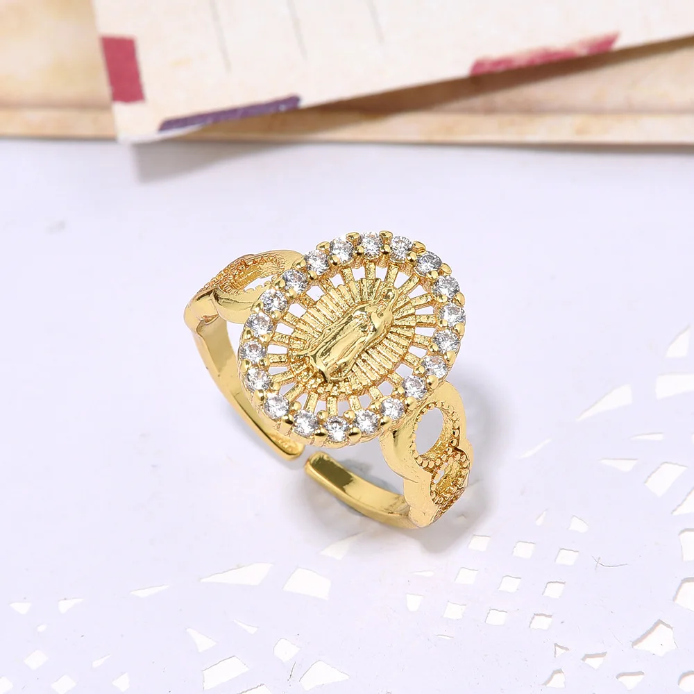 Fashion commuter copper plated 18k gold micro-set zircon Virgin Mary image open ring religious element ring