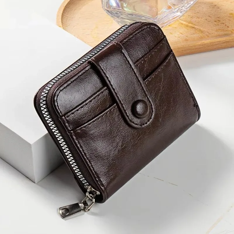 Men's Multi-Card Wallet Vintage PU Wax Oil Leather Short Wallets Zipper Coin Purse Male Card Holders Luxury Purses Gifts