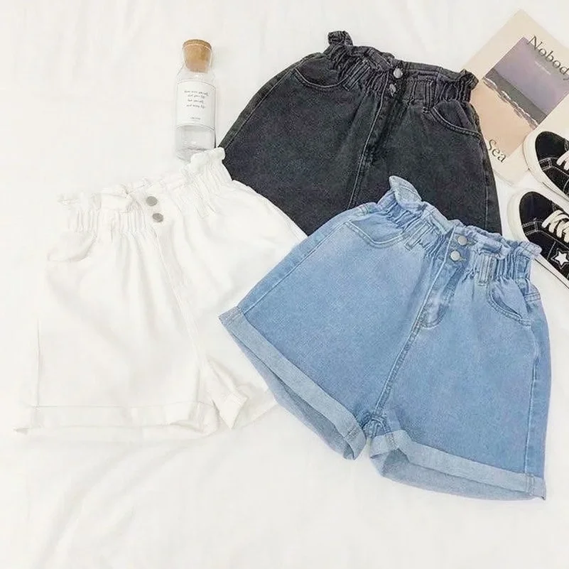 

2022 Summer Women High Waist Denim Shorts Casual Loose Fashion Roll Up Hem Elastic Waist Pocket Blue White Jeans Female Durikies