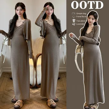Maternity Suit Spring Autumn French Style Elegant Long Spaghetti Strap Dress And Knitted Cardigan Two Piece Set For Pregnancy