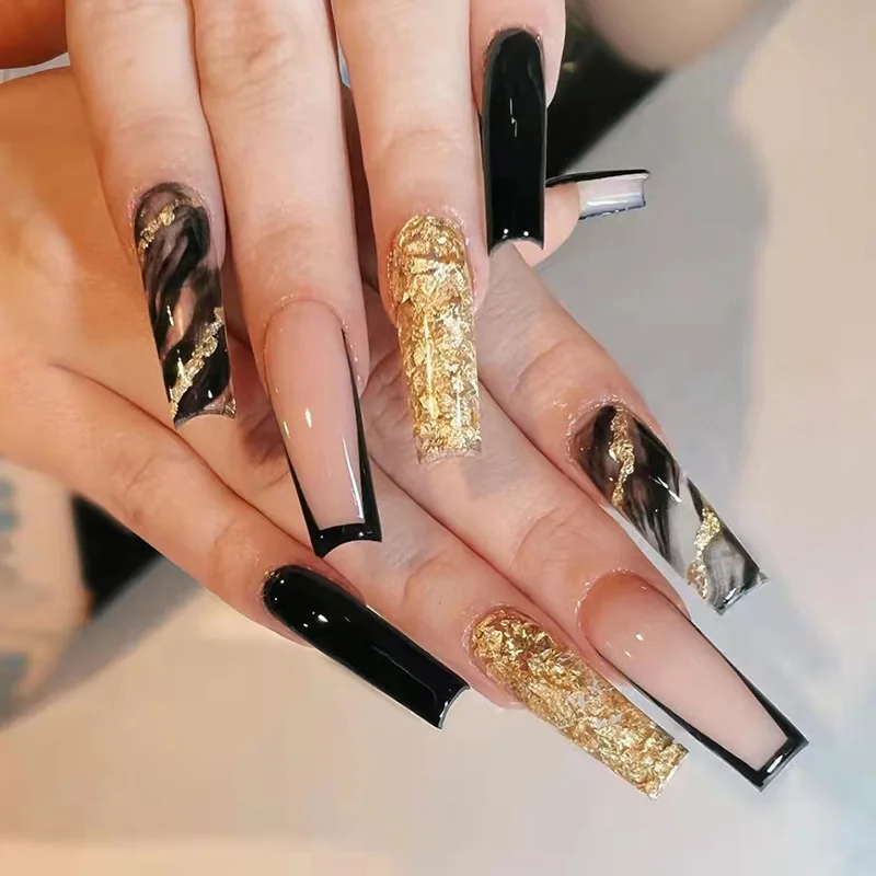 

24pcs French Black Nail Tips Gold Glitter Long Coffin Ballerina False Nail Set Full Cover Press On Nails Unique Nail Art